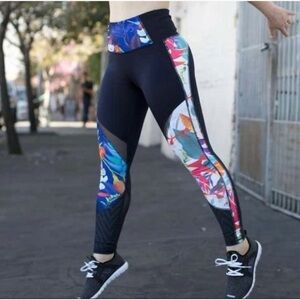 Athleta Black and Multicolor Patterned Leggings- Medium